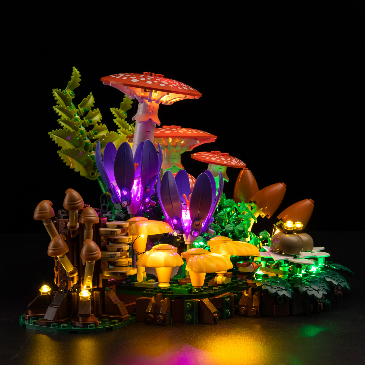 Low view of LEGO Woodland Mushrooms with warm caps, purple flowers and green lighting through the brick-built groundcover.