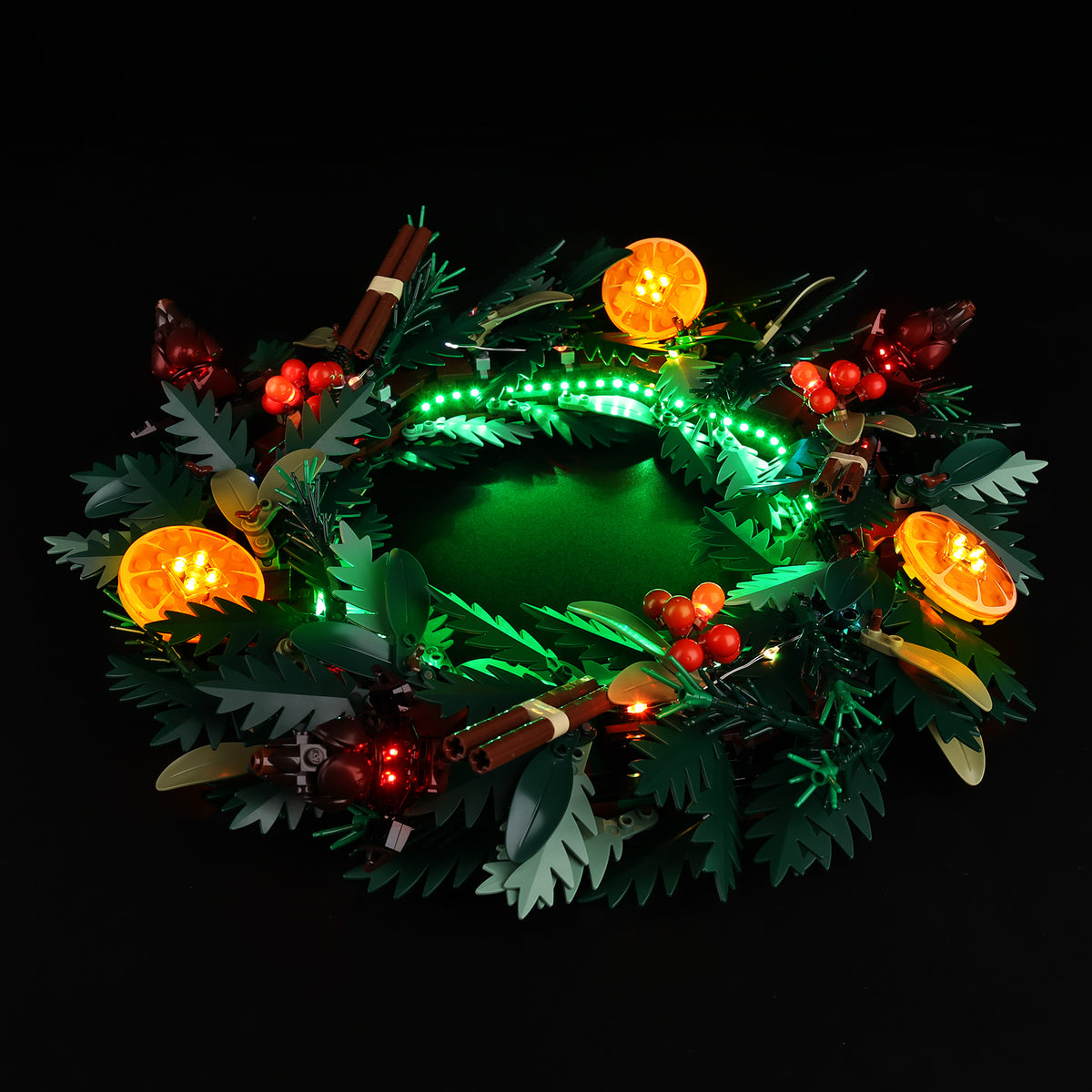 Light Kit for LEGO® Wreath 10340 - wreath laid flat with orange decorations