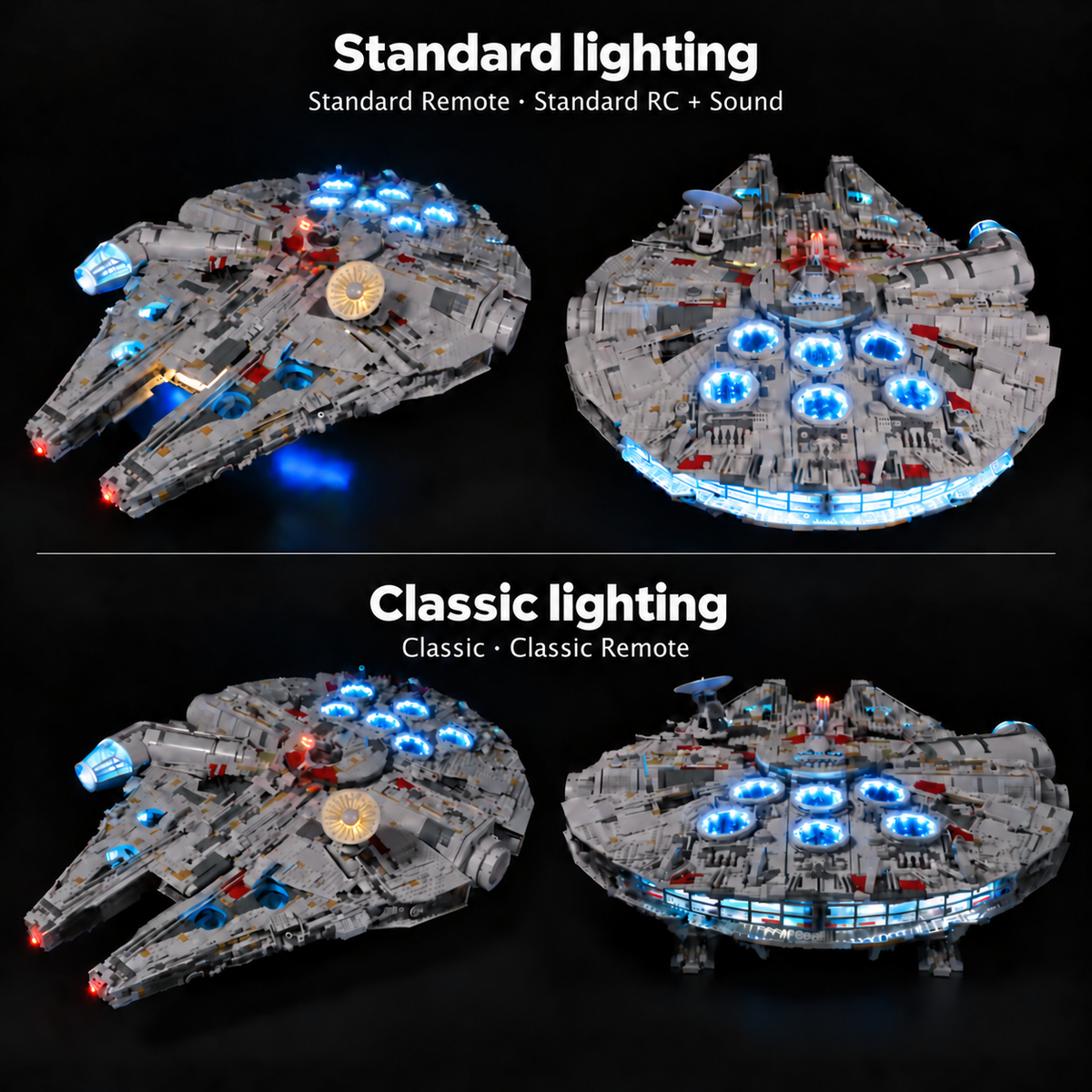 Classic and Standard lighting comparison for LEGO Millennium Falcon 75192, showing the additional lights included with Standard versions.