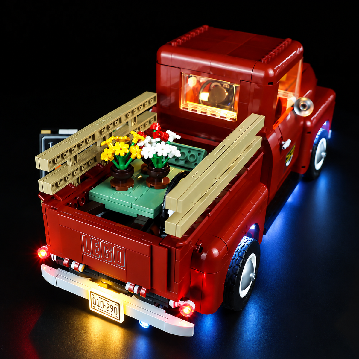 Remote lighting visualization using the same Classic source frame of LEGO Pickup Truck10290, rear view. Shared lighting and model geometry preserved.