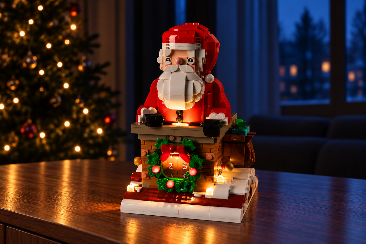 LEGO® Santa’s Holiday Countdown 40874 with Game of Bricks lights on in the Christmas room