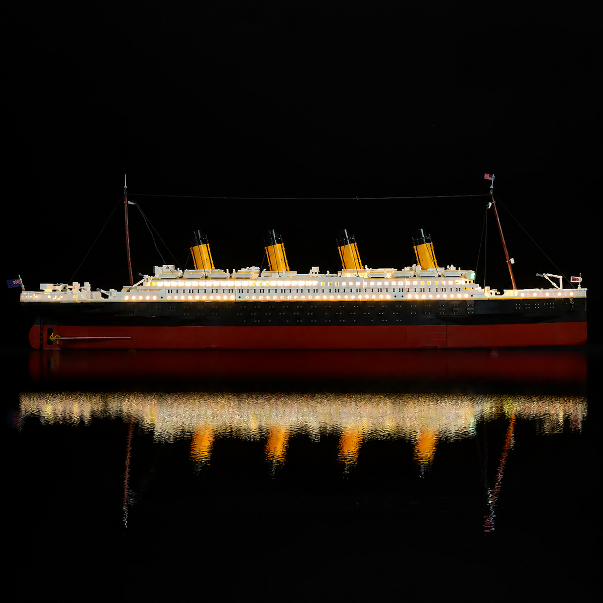 Side profile of LEGO® Titanic 10294 with Classic window and deck lighting.