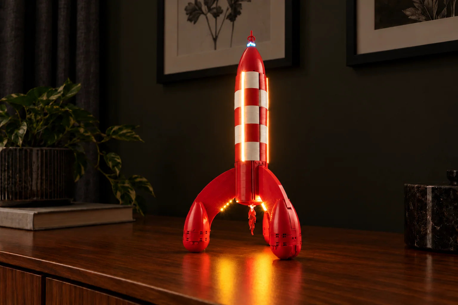 Light Kit for LEGO® Tintin® Moon Rocket 21367 — lights on in a home display