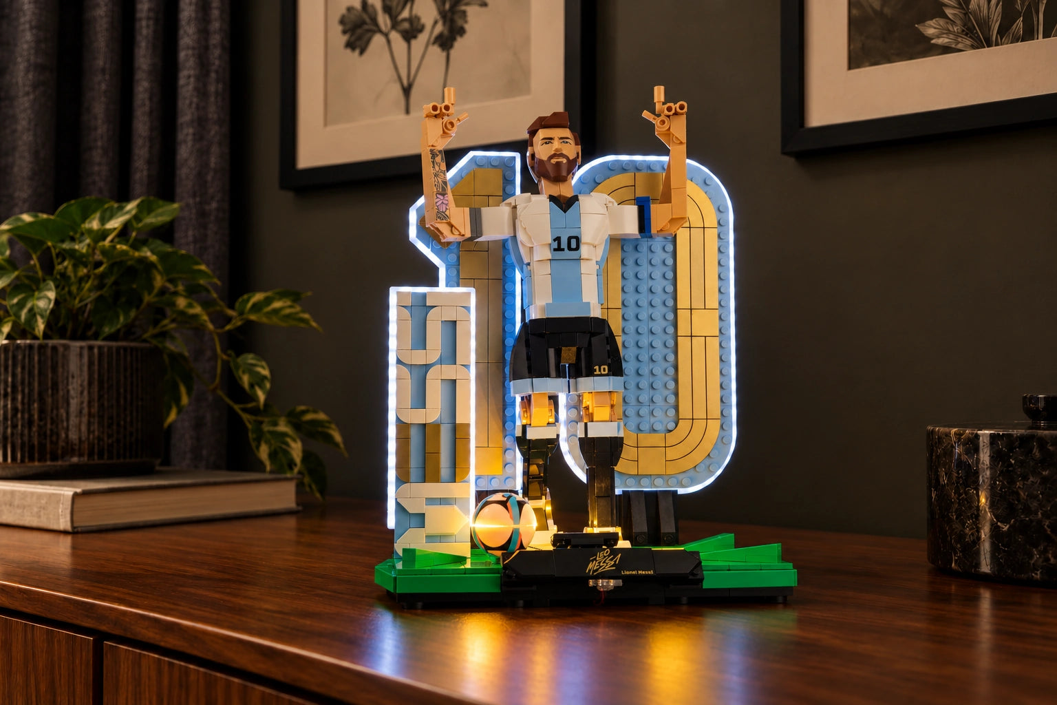 LEGO® Lionel Messi – Soccer Legend 43015 with Game of Bricks Lights on in an evening display