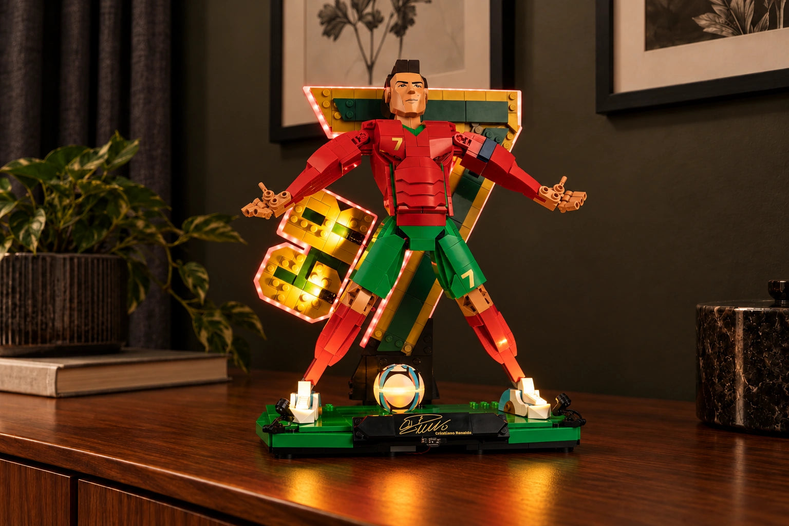 LEGO® Cristiano Ronaldo – Soccer Legend 43016 with Game of Bricks Lights on in an evening display