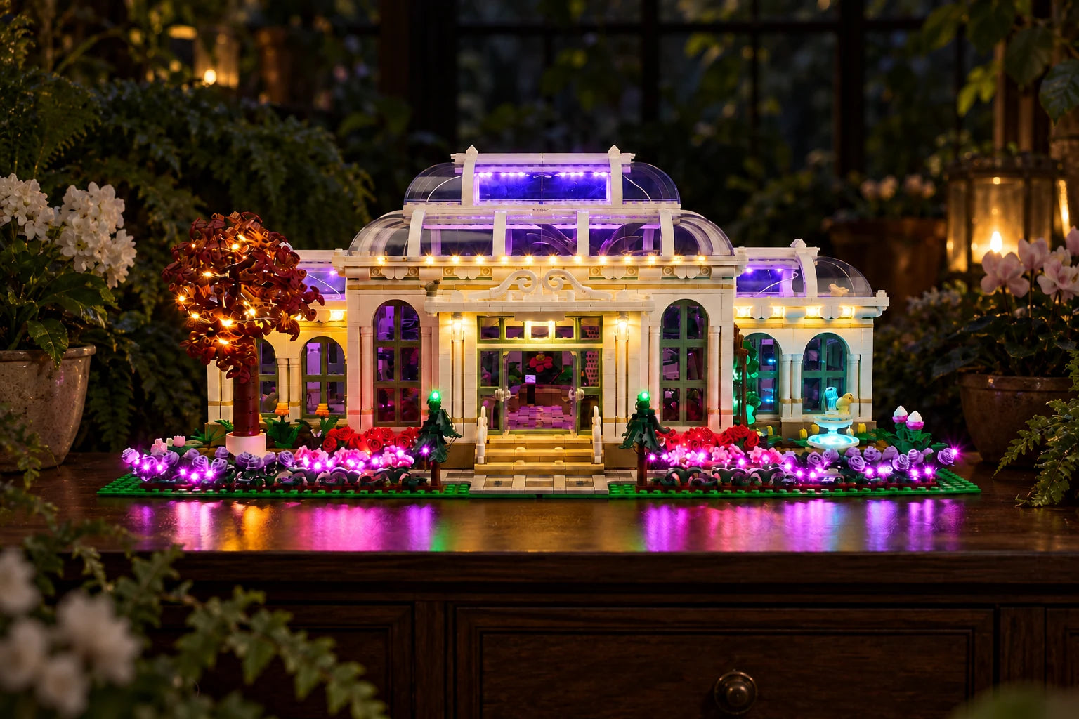 Light Kit for LEGO® The Botanical Garden 21353 — enhanced lighting on in a home display