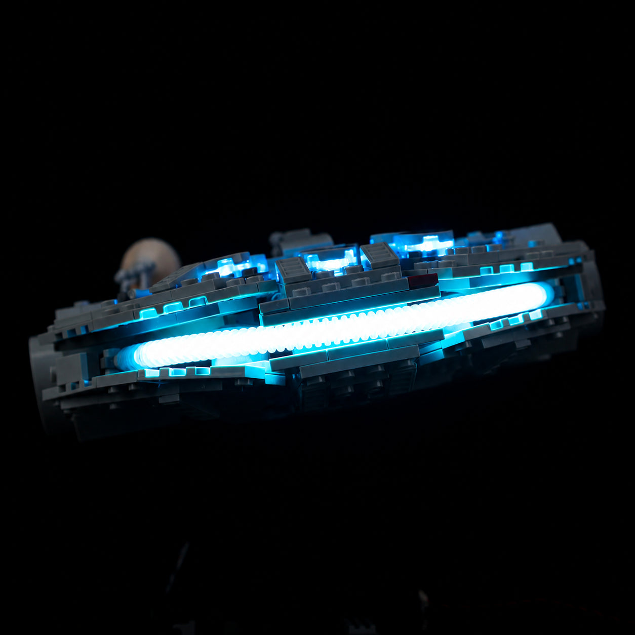 Blue lights across the Millennium Falcon rear engine vents